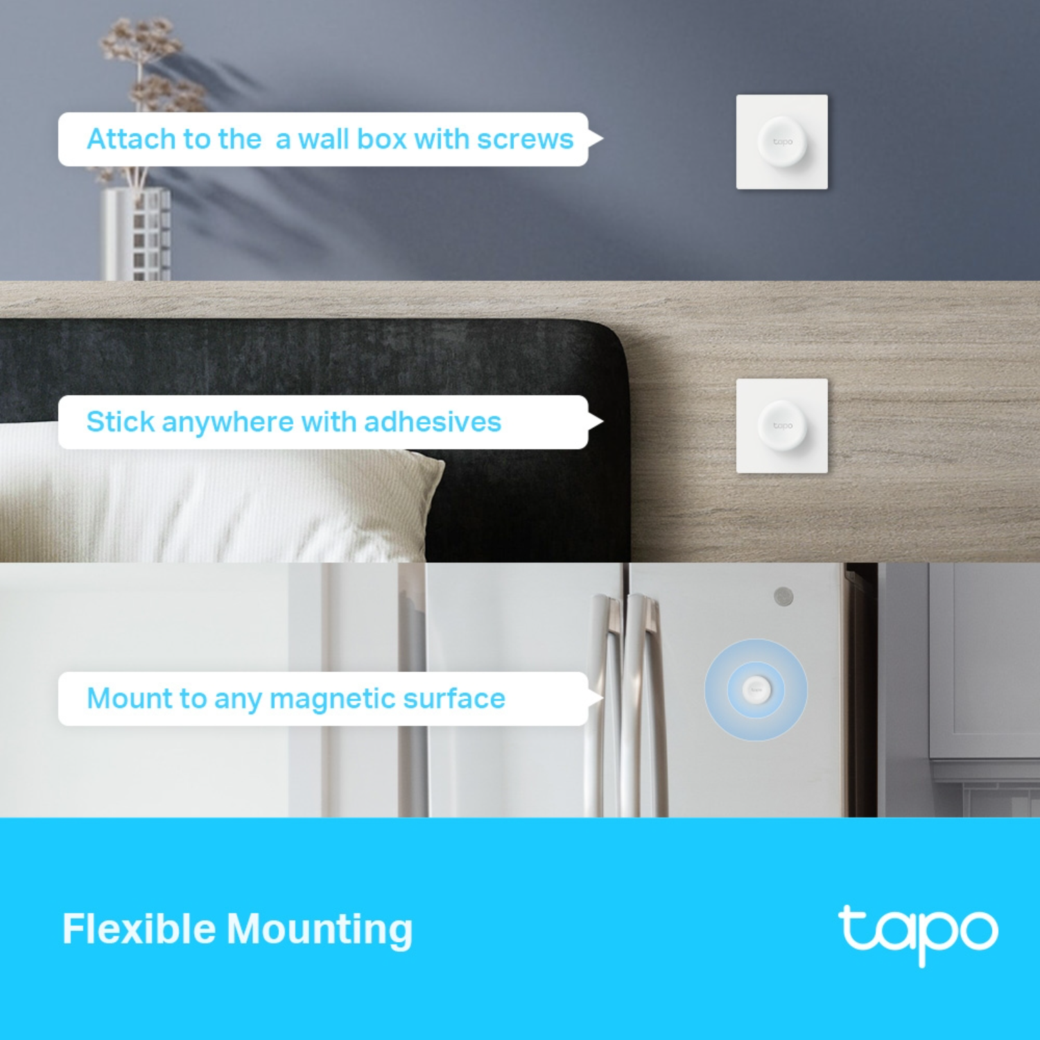 Afbeeldingen die flexibele montageopties voor een smart home-apparaat demonstreren: muur, lijm en magnetisch.