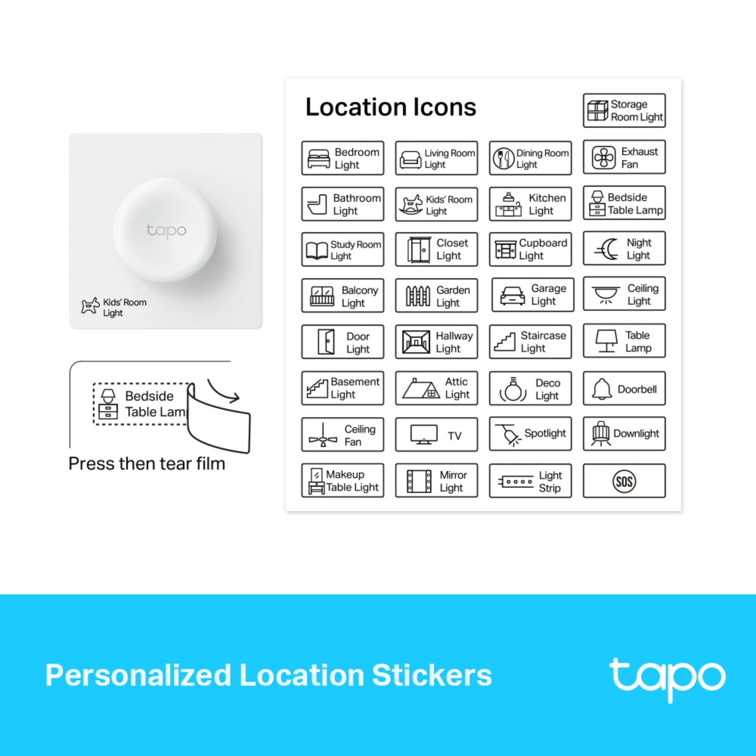 Wit slimme thuisapparaat en stickers, voor locatie. Tekst: Gepersonaliseerde locatiestickers.