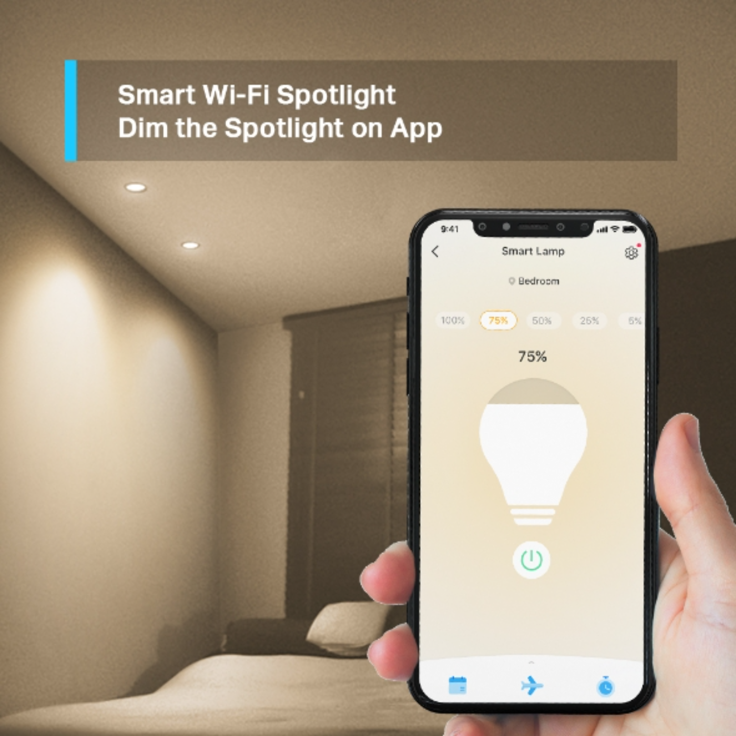 Een hand die een telefoon vasthoudt met een slimme lamp scherm. De scène is een kamer met lichten aan.