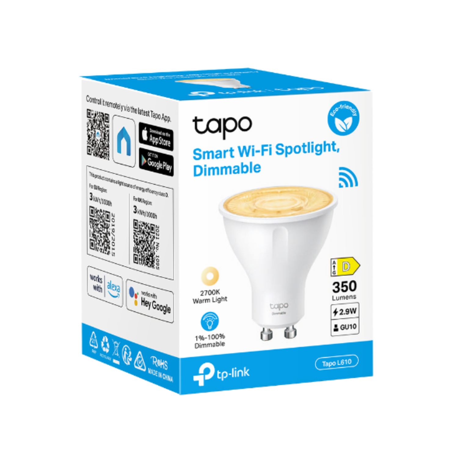 Tp-link slimme Wi-Fi spotlichtbox. Hij heeft de productnaam en de QR-codes.