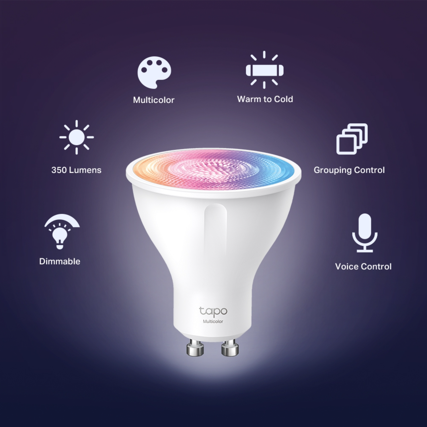 White smart bulb with colorful light and icons for features, on a dark blue background.