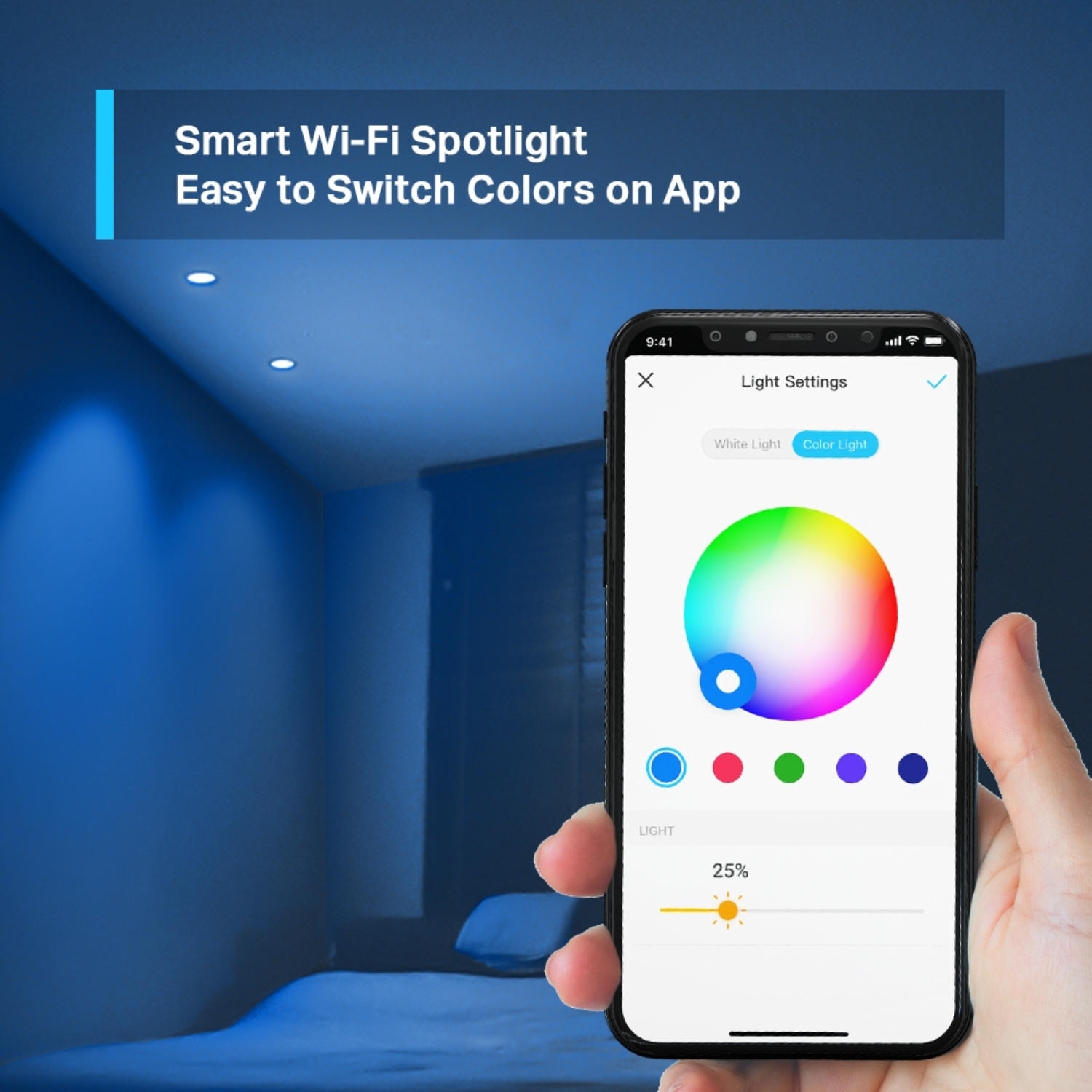 A hand holding a phone displaying a color wheel for smart Wi-Fi spotlight settings.