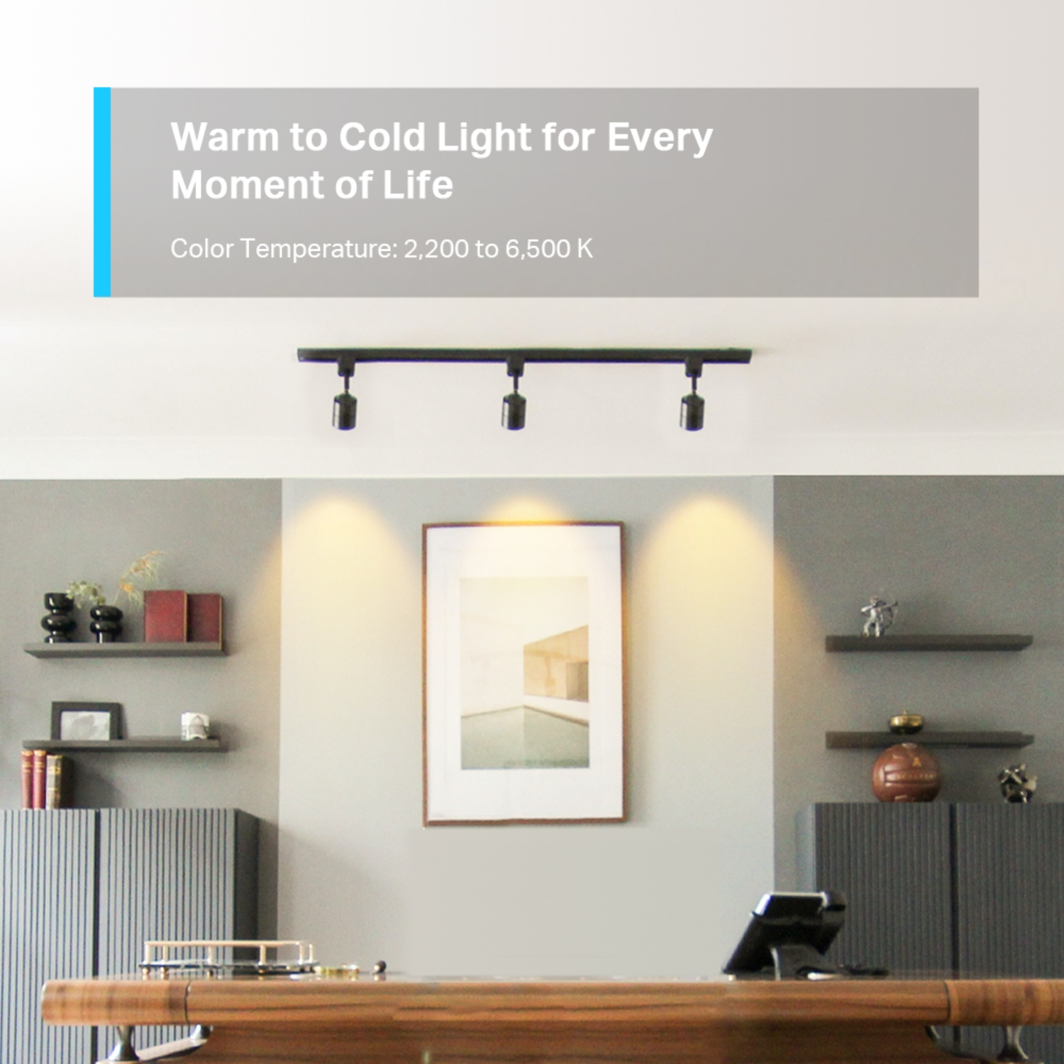A lit indoor scene with a track lighting system above, text overlayed: 'Warm to Cold Light...'