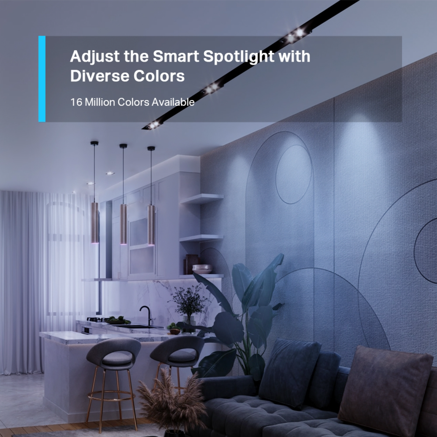 Interior scene with smart spotlights. Kitchen island, plants, and chairs in the background. 16 million colors.