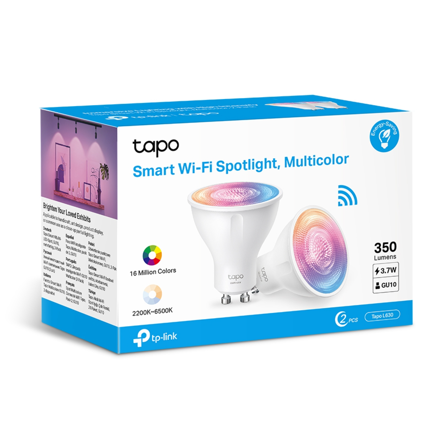 A box of smart Wi-Fi spotlight bulbs. Two bulbs are shown with a colorful glow.