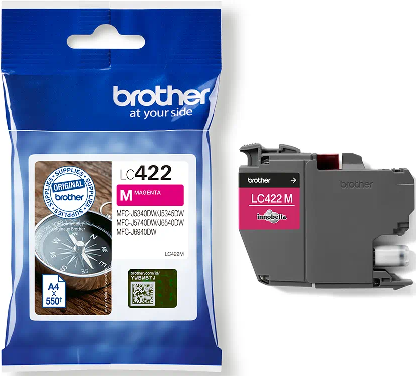Eine magenta LC422 Tintenpatrone in einer Plastikverpackung. Das Brother-Logo ist sichtbar.