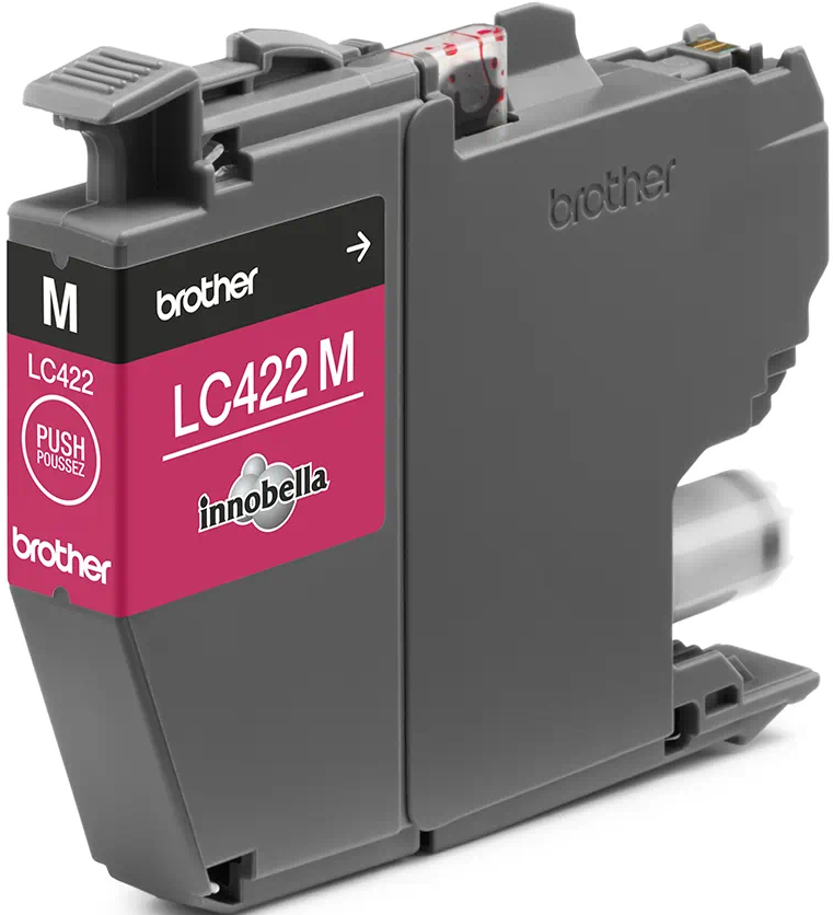 Brother LC422 M Magenta-Tintenpatrone, markiert mit Text und dem Brother-Logo.