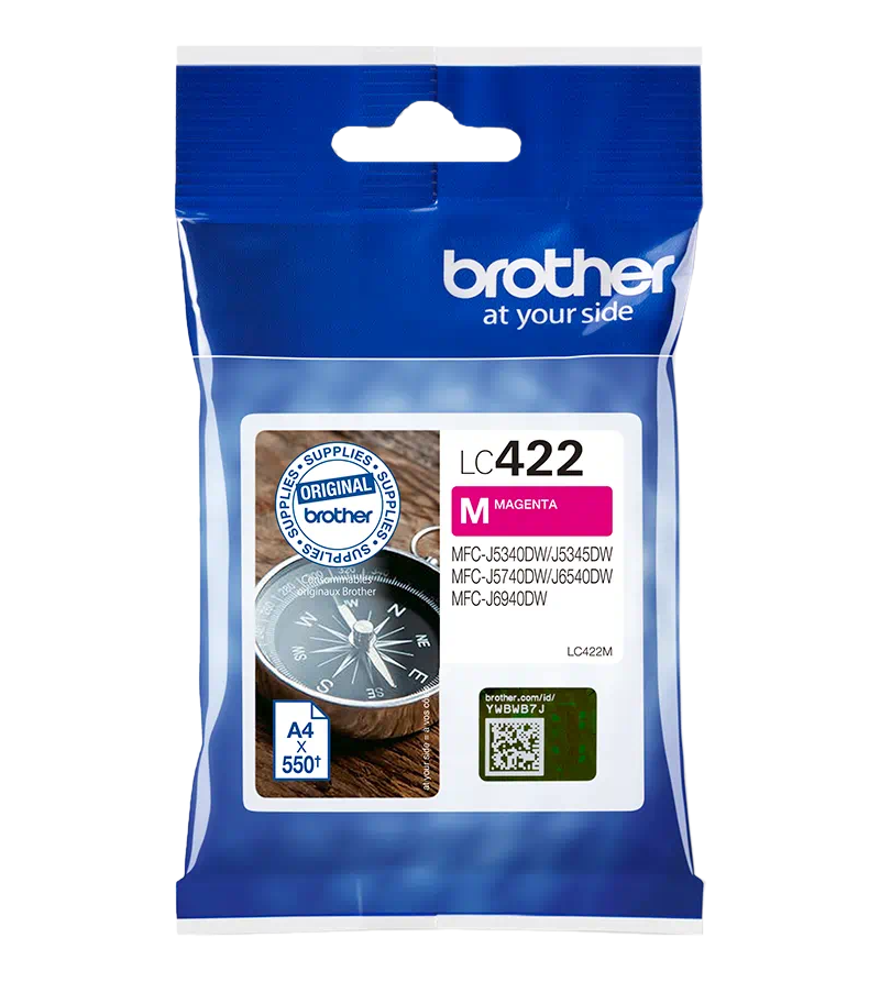 Brother LC422M Magenta-Tintenpatrone. Die Verpackung zeigt die Patrone und einen Kompass.