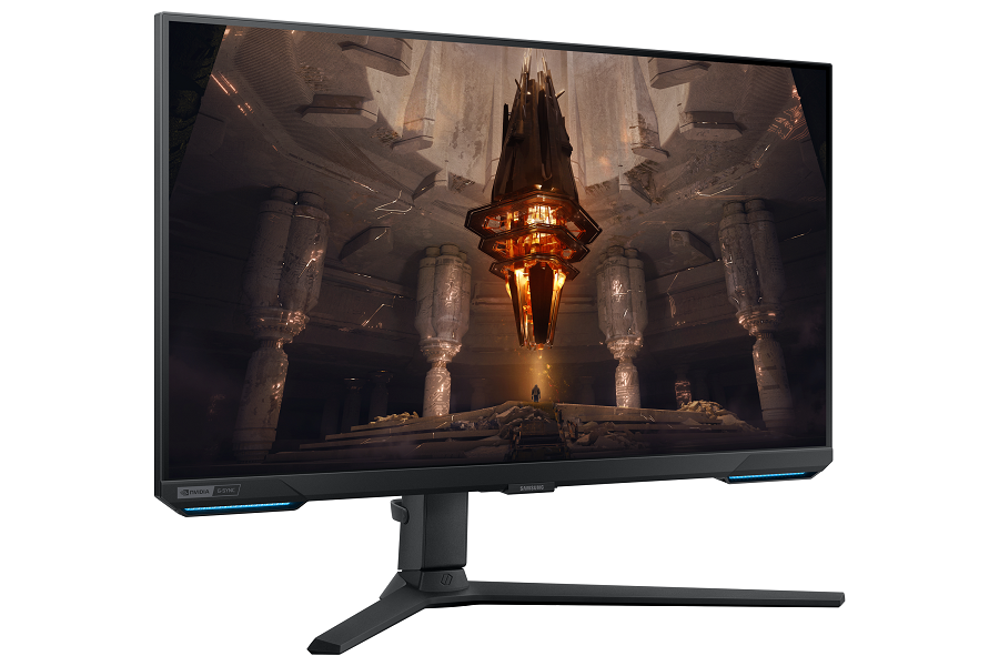 Bir tapınak içindeki fantezi sahnesini içeren oyun monitörü. Monitör siyah ve mavi ışıklı.