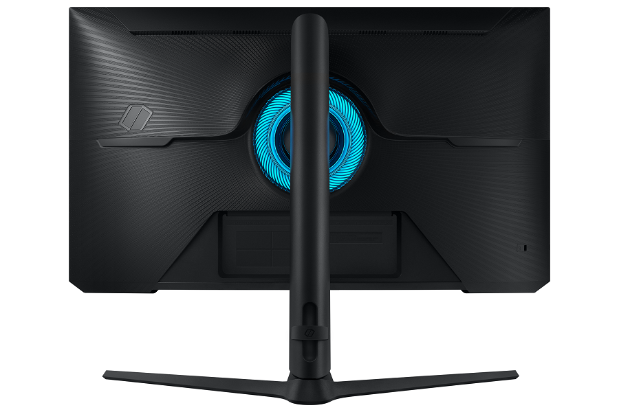 Mavi ışıklı siyah bir Samsung oyun monitörünün arkası.