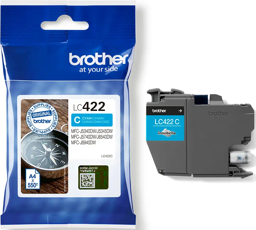 Una cartuccia d'inchiostro Brother LC422 in una confezione blu e bianca e la cartuccia stessa.