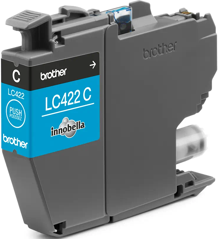 Cartuccia d'inchiostro Brother LC422C. Inchiostro blu visibile. Testo: LC422 C, inobella, Push.