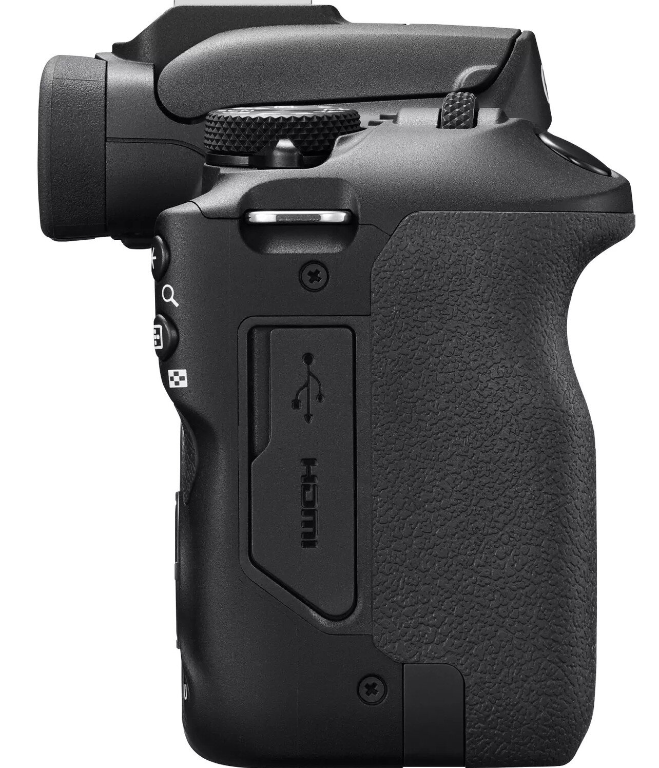 Czarny widok z boku aparatu z uchwytem, przyciskami i portami. Zawiera etykiety USB i HDMI.