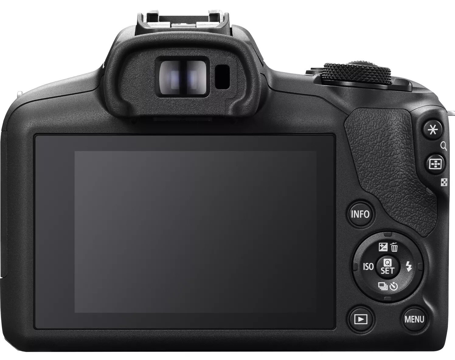 Widok z tyłu czarnego aparatu Canon. Wyświetlacz LCD, przyciski i wizjer.