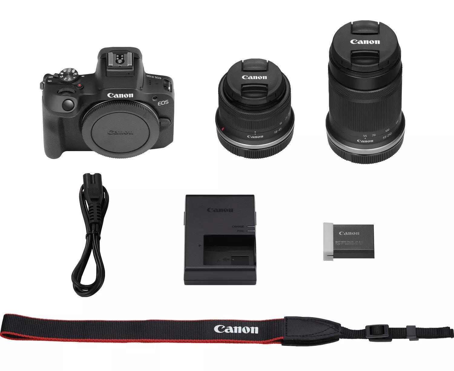 Zestaw aparatu z aparatem Canon, obiektywami, ładowarką, paskiem i innymi akcesoriami na białym.