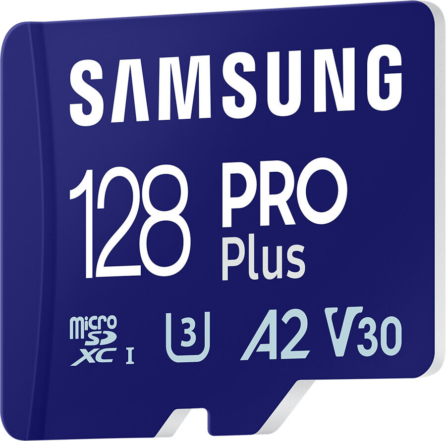 Niebieska karta MicroSD Samsung 128 Pro Plus. Biały tekst z logo widoczny.