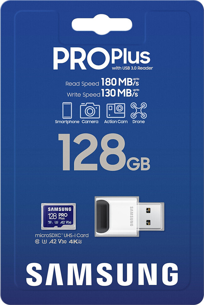 Karta pamięci Samsung Pro Plus 128GB z czytnikiem USB 3.0 w niebiesko-białym opakowaniu.