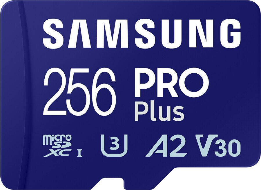 Niebieska karta microSD z tekstem 'SAMSUNG 256 PRO Plus'. Posiada logo microSD i U3.