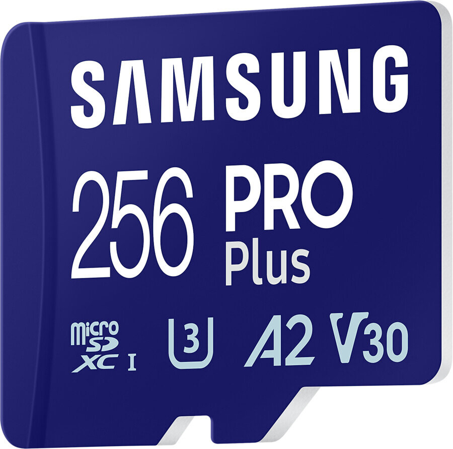 Niebieska karta microSD Samsung 256 Pro Plus z białym tekstem i logo.