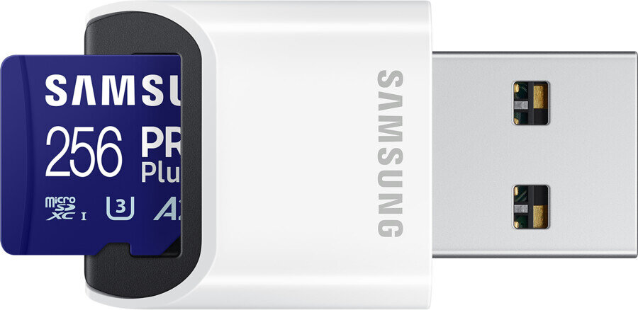 Biały adapter USB z włożoną niebieską kartą Samsung Micro SD.