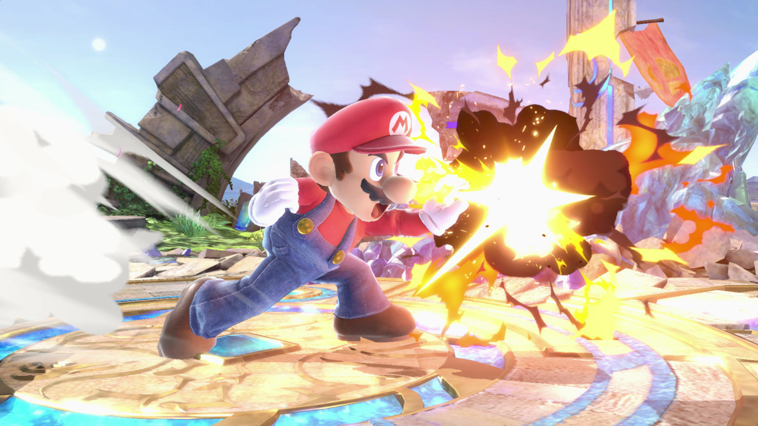Mario in een vechthouding, met een gele burst-effect, tegen een vage, kleurrijke achtergrond.