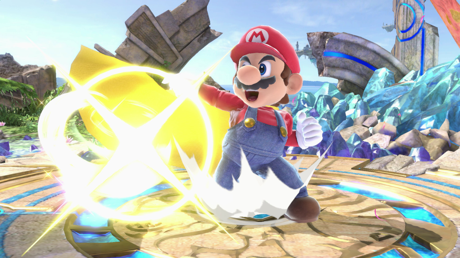 Mario in vechthouding, omringd door een gele uitbarsting.