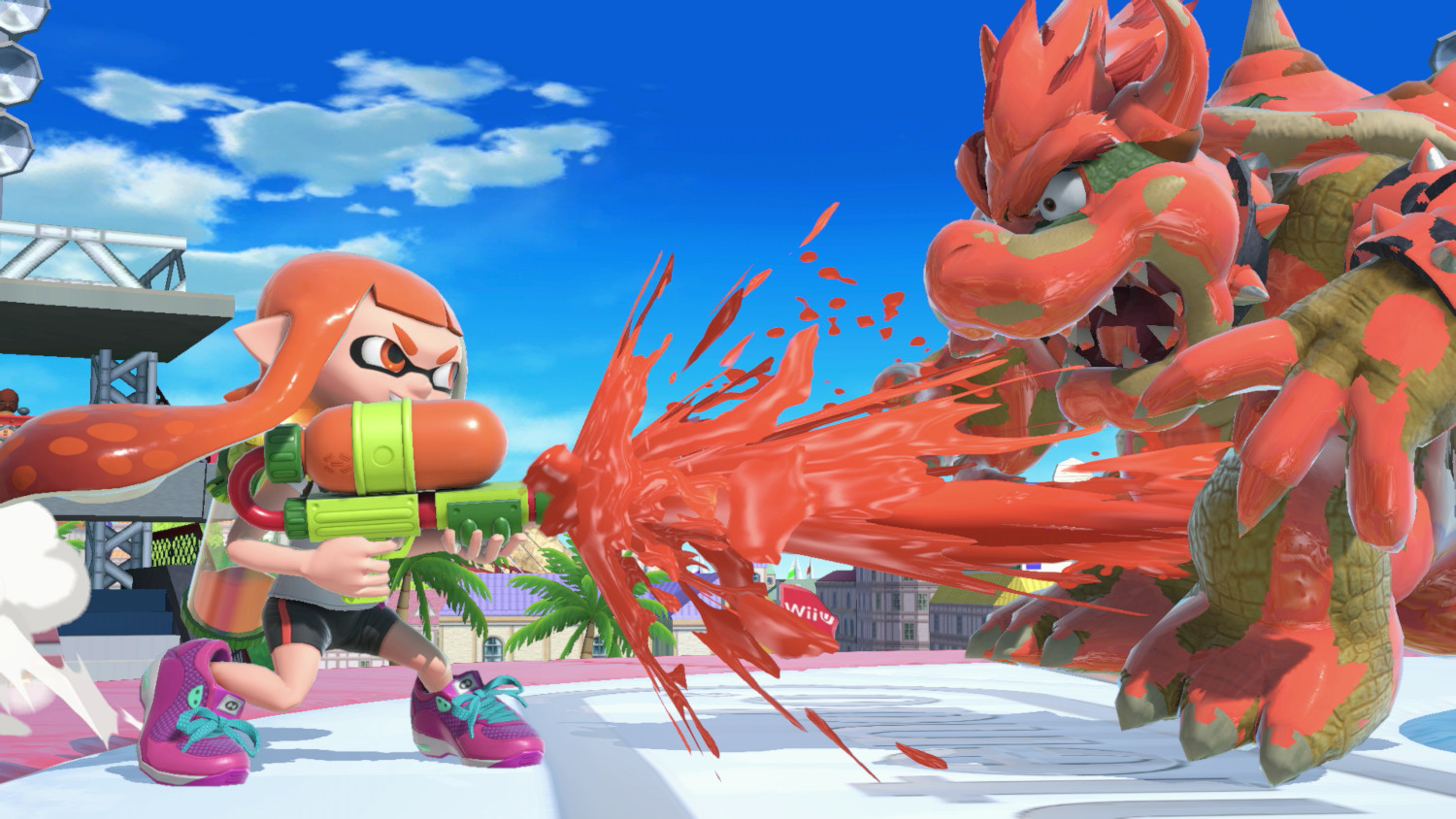 Inkling meisje schiet inkt op Bowser. Bowser is boos. Blauwe lucht op de achtergrond.