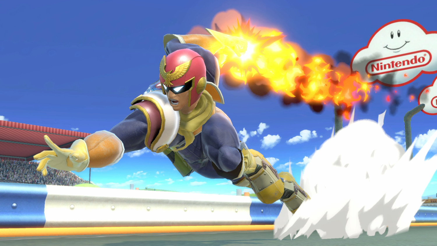 Captain Falcon, in Super Smash Bros., voert een Falcon Punch uit, met explosies.