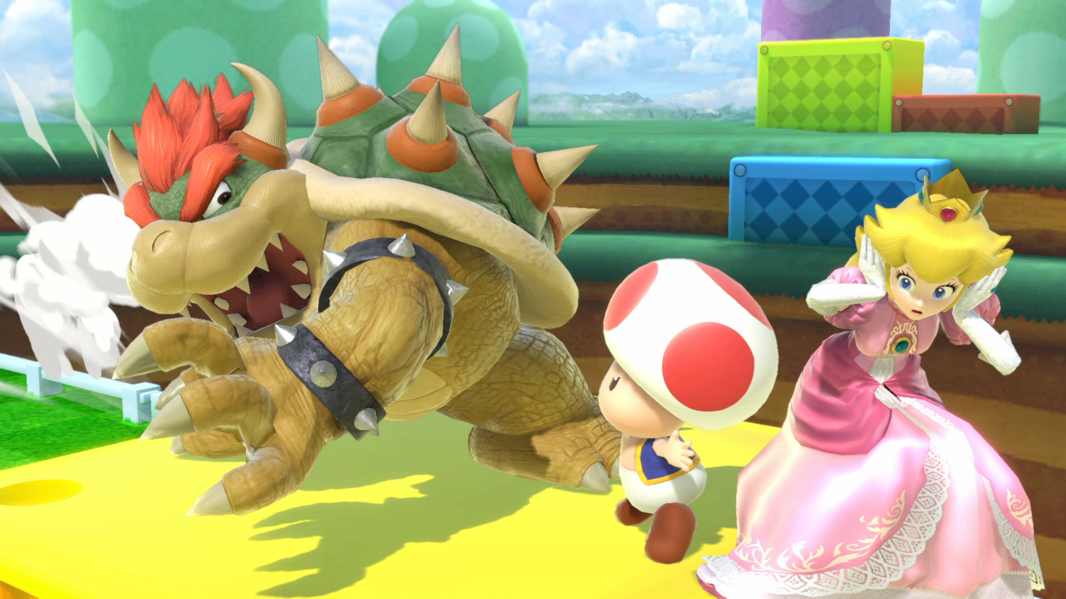 Bowser valt Peach en Toad aan in een videogame-scène met een geel platform en blauwe blokken.