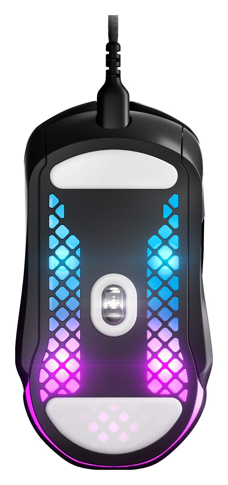 Parte inferiore di un mouse da gioco nero con luci LED colorate e cuscinetti bianchi.