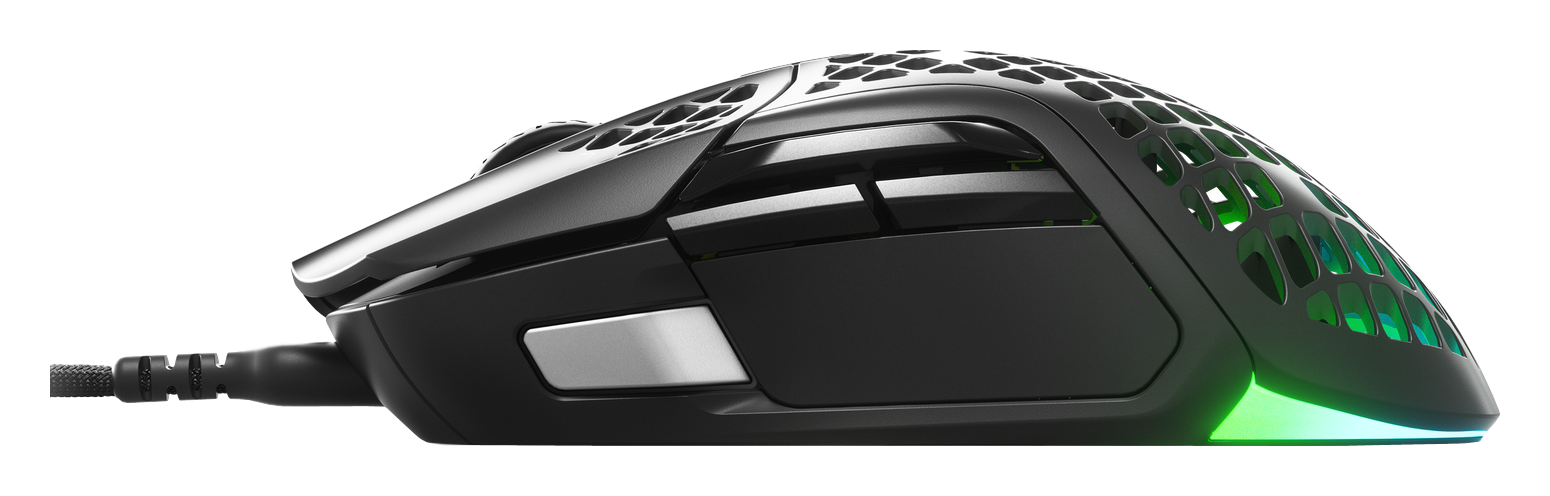 Mouse da gioco nero con design a nido d'ape e luci RGB.