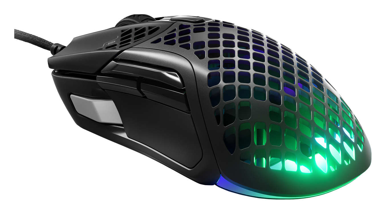 Mouse da gioco nero con parte superiore a nido d'ape e luci RGB.