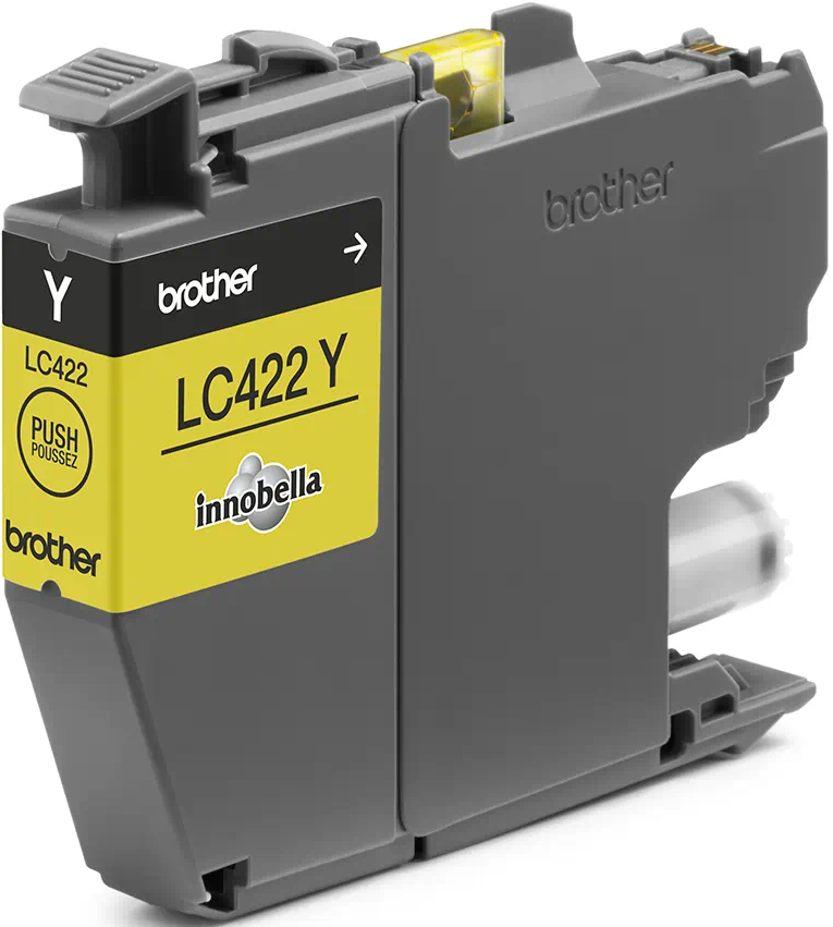 Gelbe Tintenpatrone mit der Aufschrift LC422 Y und dem Brother-Logo.