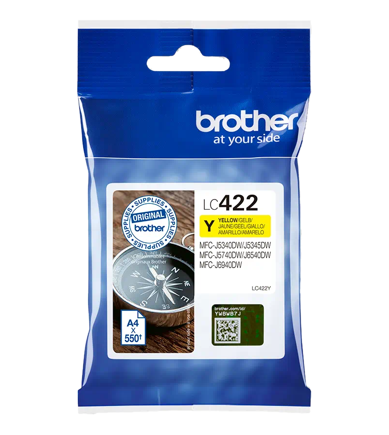 Eine gelbe Brother LC422 Tintenpatrone in einer Plastikverpackung mit Kompass.