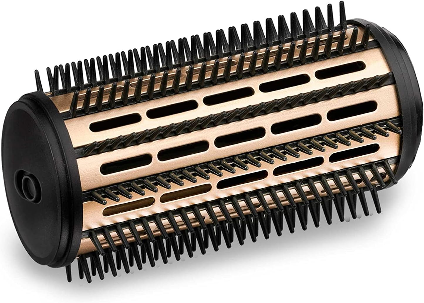 Primo piano di una spazzola per capelli con setole nere e oro su sfondo bianco.