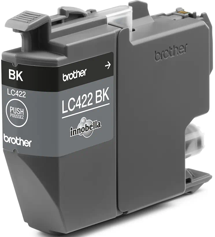 Schwarze Tintenpatrone, "LC422 BK", mit Druckknopf, beschriftet mit "brother" und "innobella".
