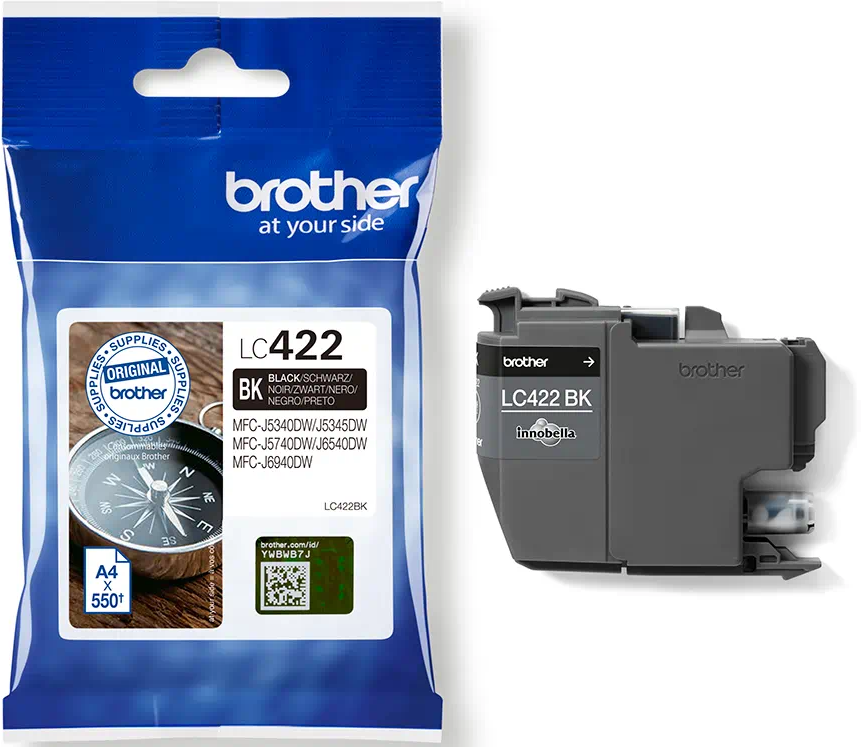 Brother Tintenpatronenpackung mit einer Tintenpatrone. Packung und Patrone haben Text und Details.