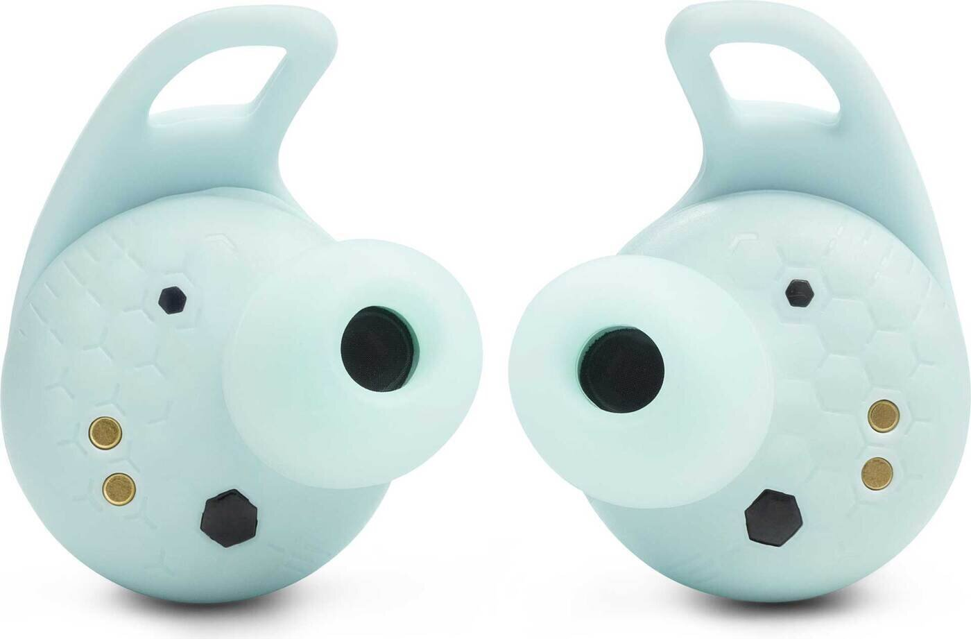 Dwie turkusowe słuchawki. Każda ma okrągły kształt z trzema złotymi i czarnymi detalami.
