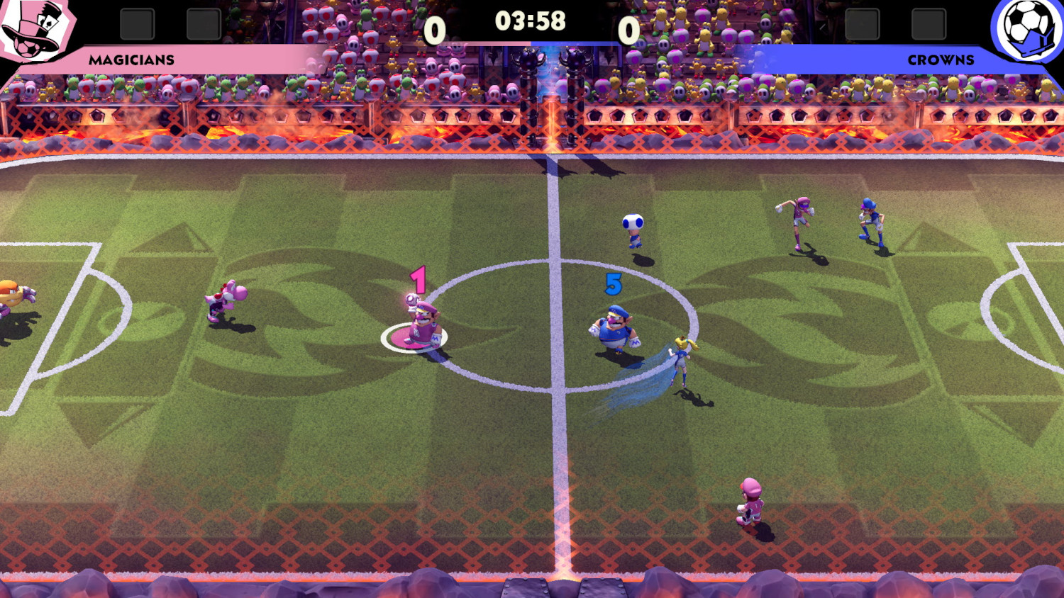 Jeu de football Mario avec deux équipes, Magicians et Crowns, jouant sur un terrain vert.