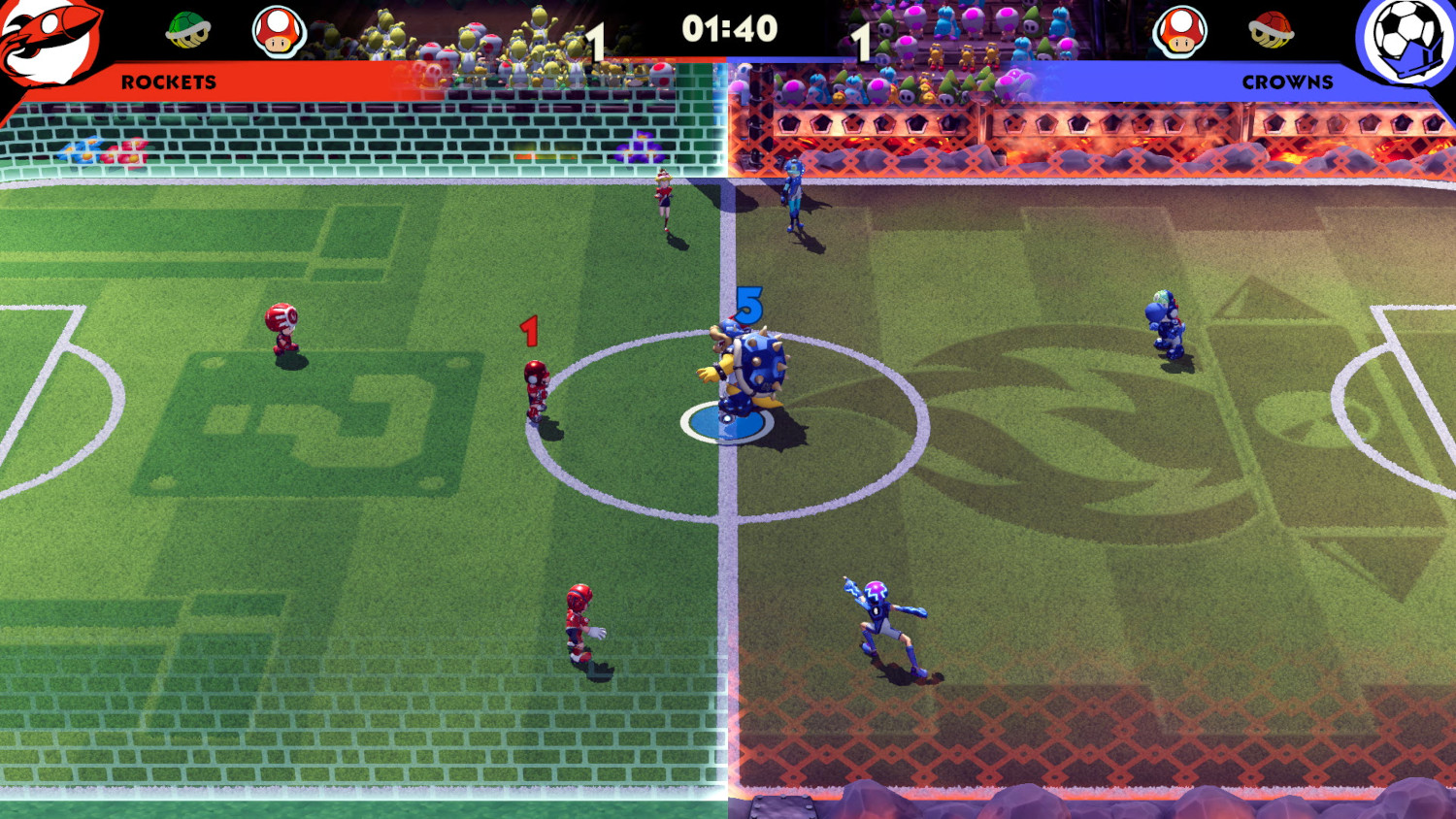 Un match de foot sur un terrain vert avec des personnages de dessins animés en uniformes rouges et bleus.