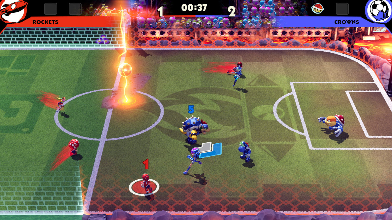 Un match de football de jeu vidéo avec des personnages de dessins animés jouant sur un terrain vert.
