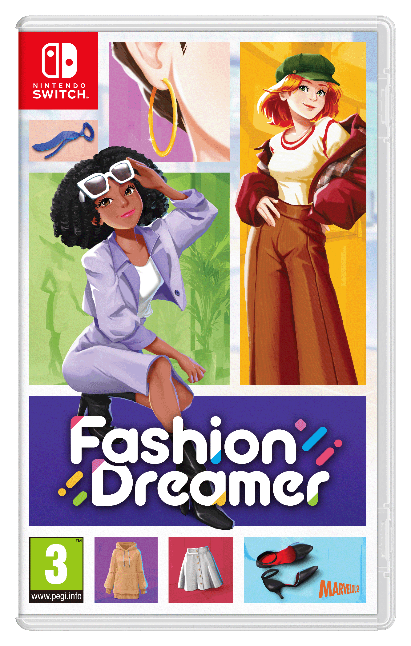 Boîtier de jeu Nintendo Switch, 'Fashion Dreamer'. Deux filles sur la couverture, accessoires et logo.