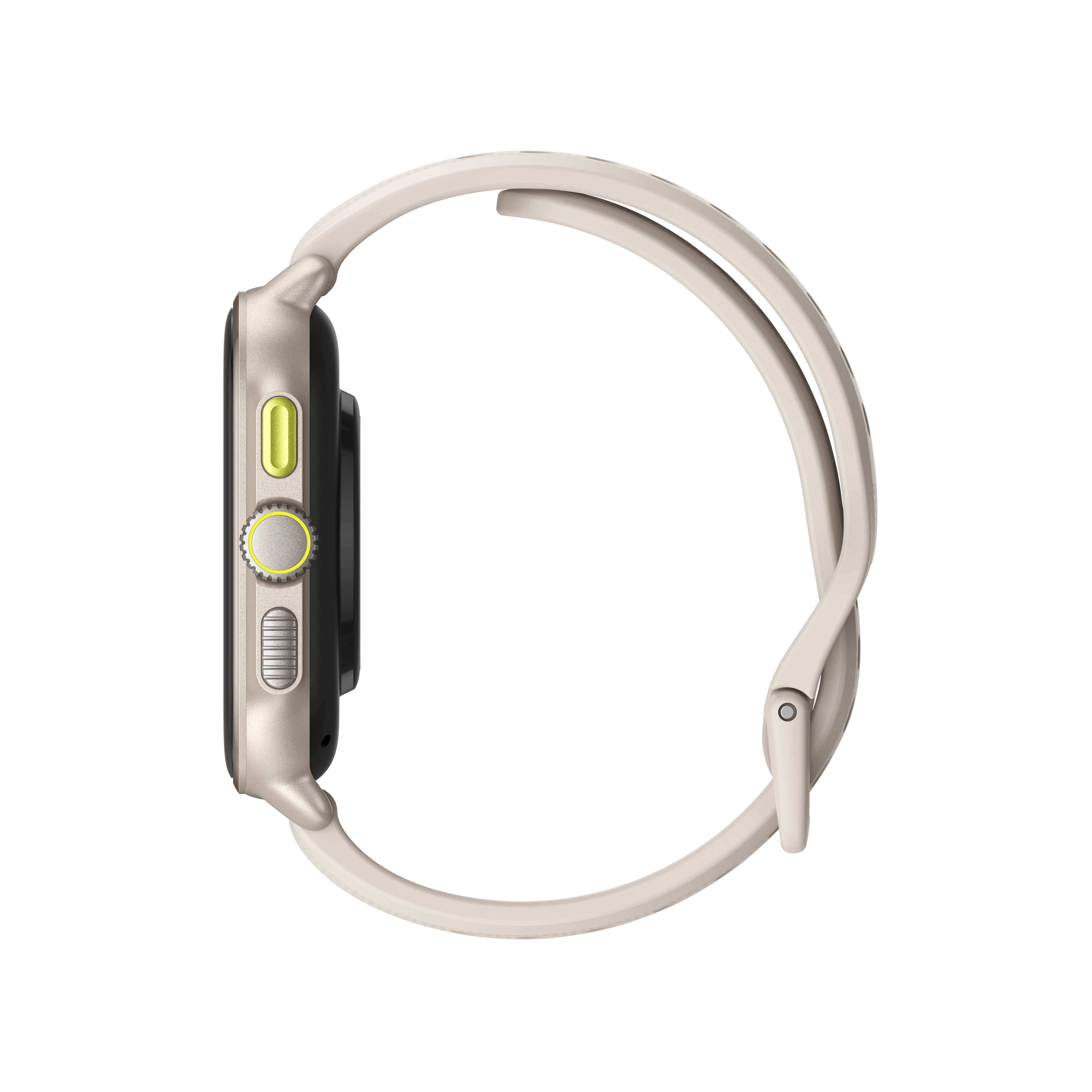Egy krémszínű Apple Watch oldalsó nézete világoszöld gombbal. Fehér szíjjal és fekete háttérrel rendelkezik.