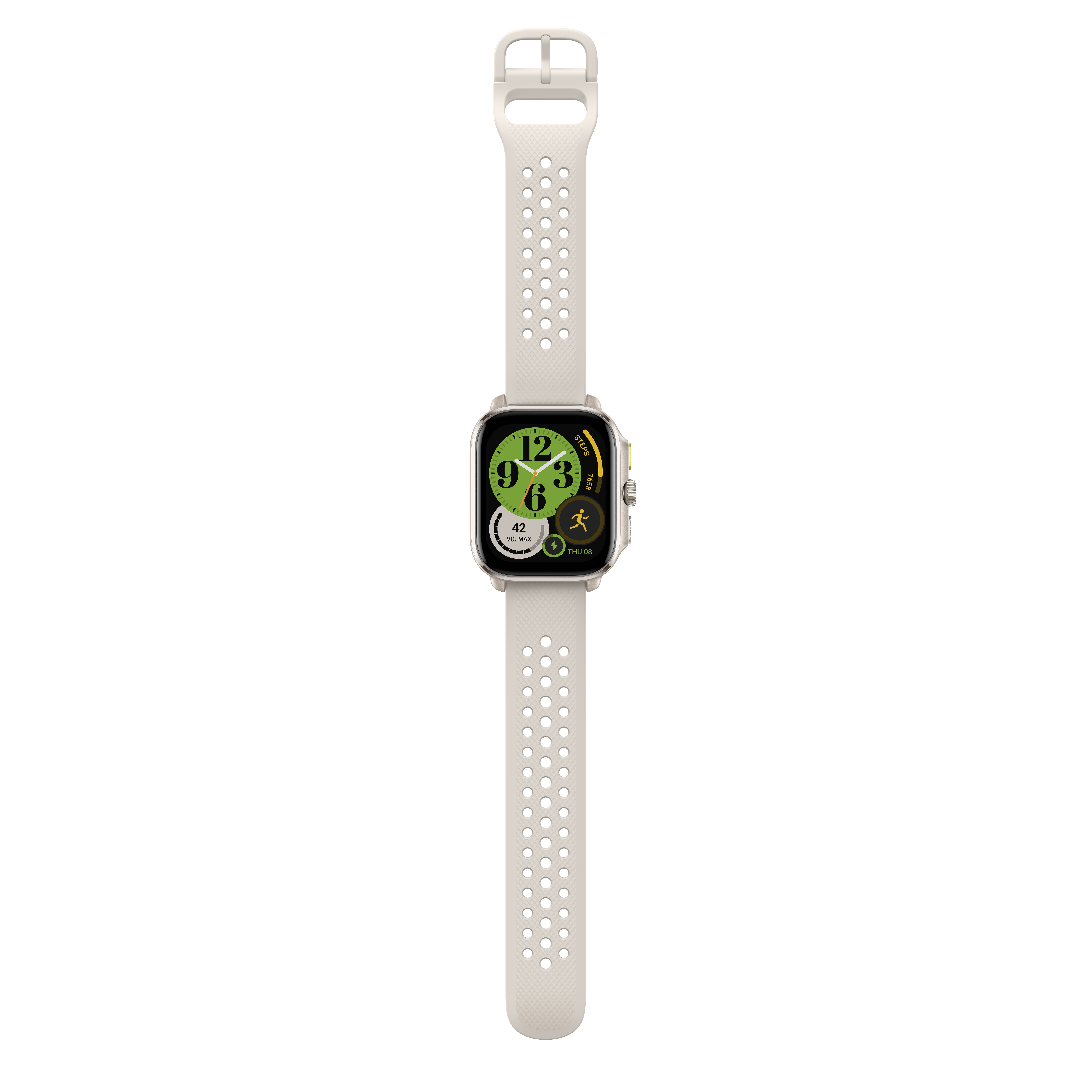 Apple Watch Ultra krémszínű szíjjal. Az óralap az időt, zöld és fehér színeket mutatja.
