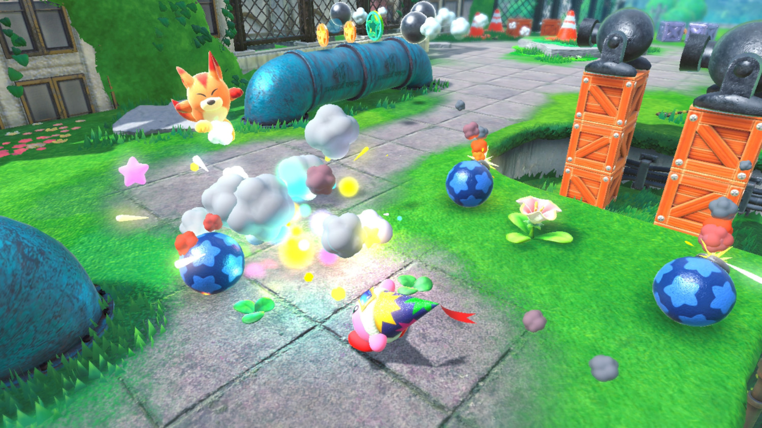 Videogame scène met cartoonfiguren en explosies. Blauwe en roze kleuren.