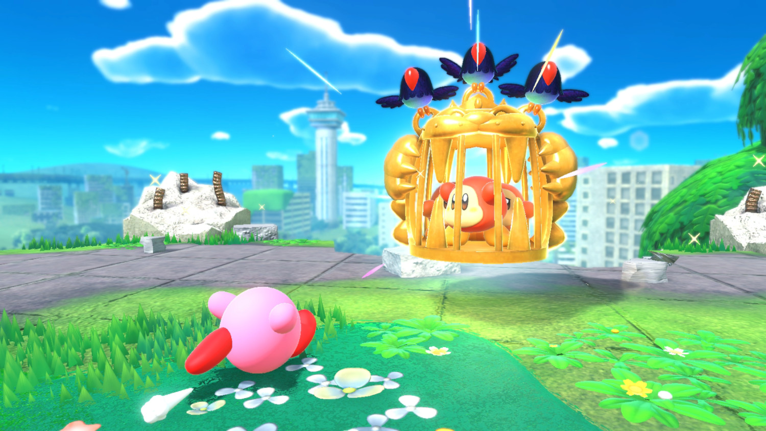 Een roze Kirby-personage in een spelscène met vogels en een kooi.