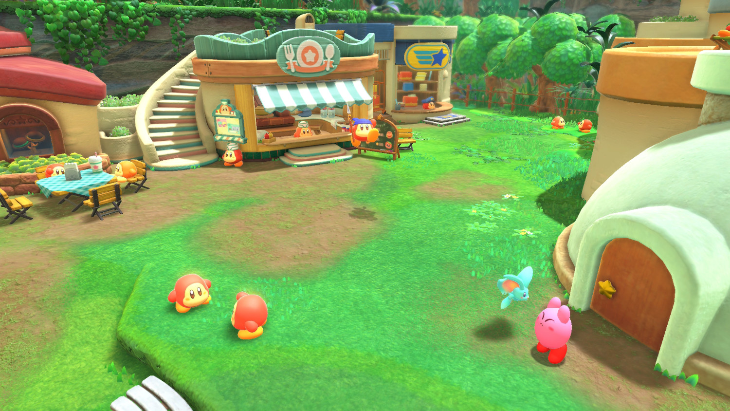 Kleurrijke scène uit een videogame met een restaurant en personages zoals Kirby.