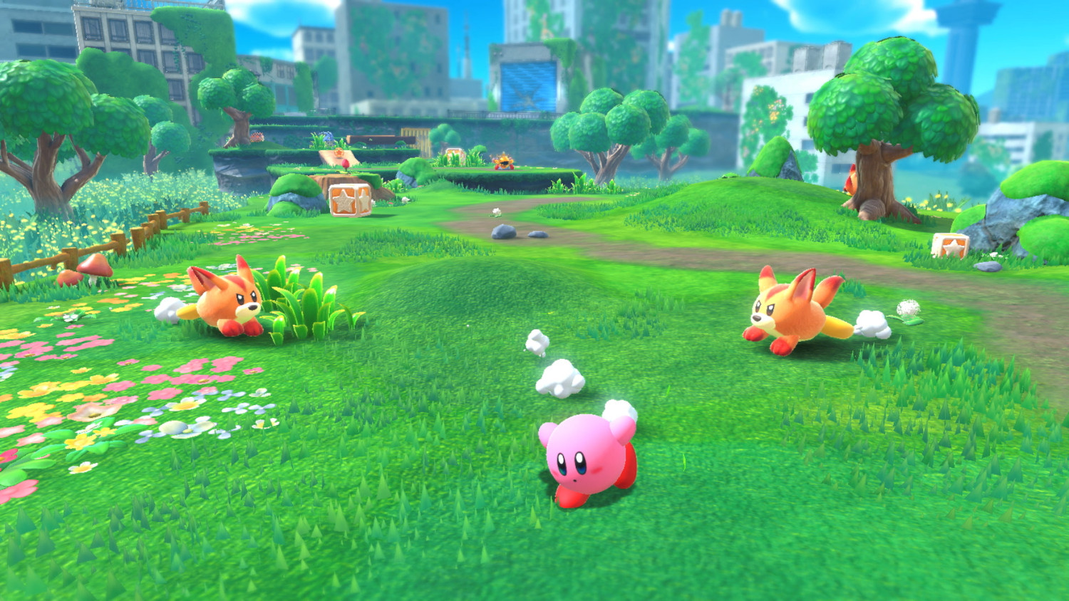 Een videogame scène met Kirby, Waddle Dees, groen gras, bomen en een luchtachtergrond.