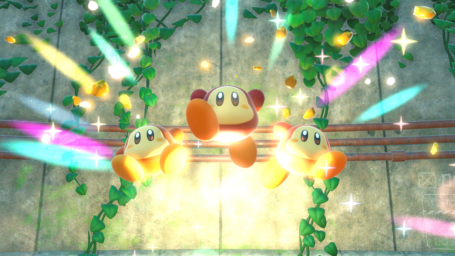 Drie Kirby-personages. Omringd door licht en sprankels.
