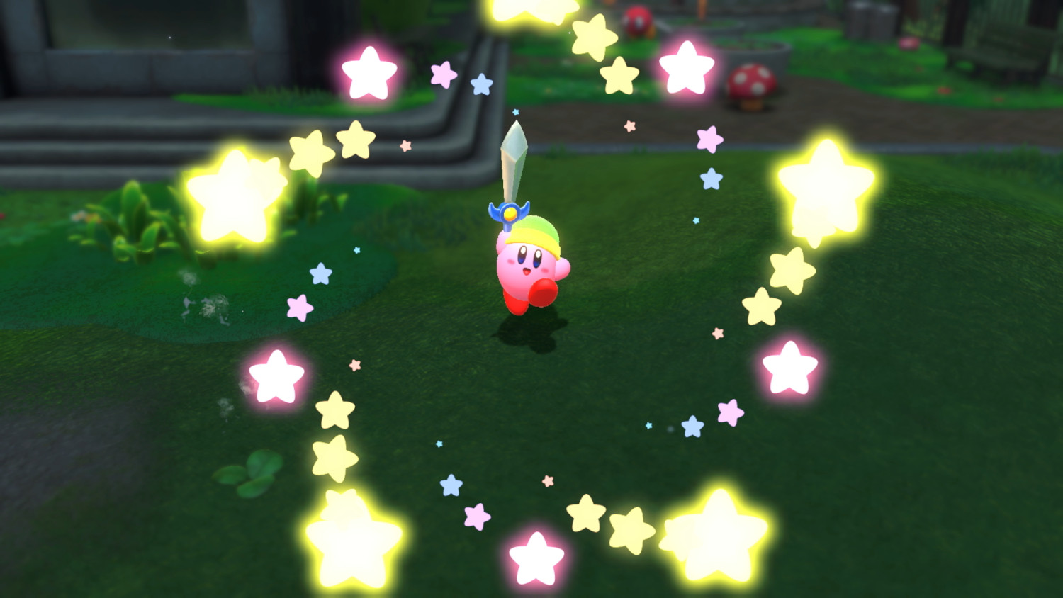 Kirby met een zwaard omringd door sterren. Groen veld, heldere achtergrond.